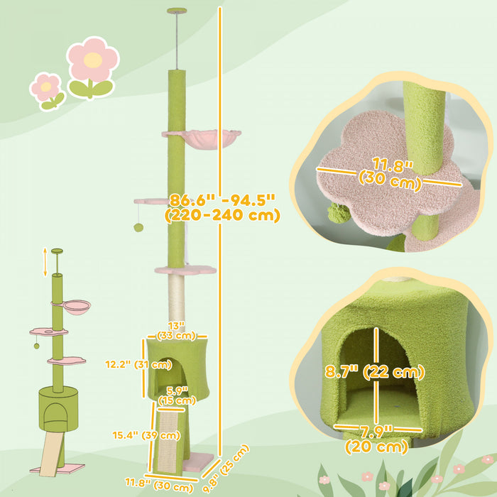 PawHut Floor to Ceiling Cat Tree, 5-Tier Cat Tower Adjustable Height 87\"-94.5\" with Sisal Scratching Post, Condo, Hammock, Ramp, Perches, Climbing Activity Center for Indoor Kitten