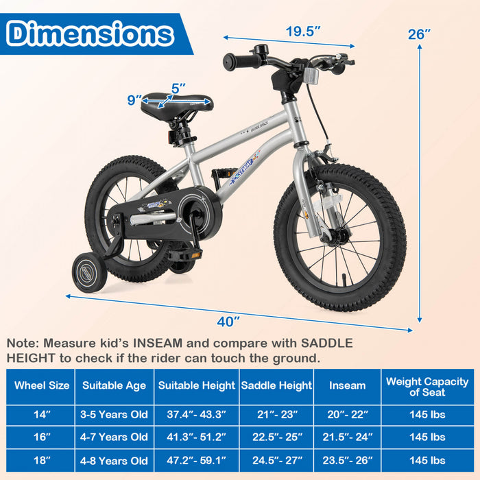 Costway 14-inch Kid's Bike For 3-5 Years Old With Adjustable Saddle & Anti-slip Handlebar Silver