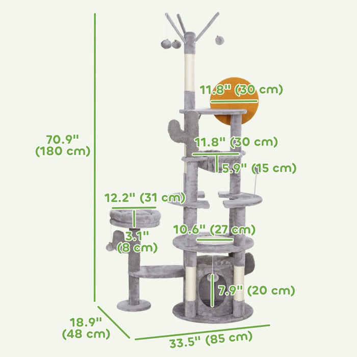 Pawhut 71\" Tall Cat Tree, Multi-level Cat Tower For Indoor Cats With Scratching Posts, Sisal Pad, Cat Condo, Bed, Hammock, Platforms, Toy Balls, Cat Activity Center, Light Grey