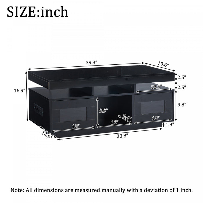 Lumina 39.3 Inch High-Gloss Coffee Table with LED Lights, USB Port and Transparent Doors, Black