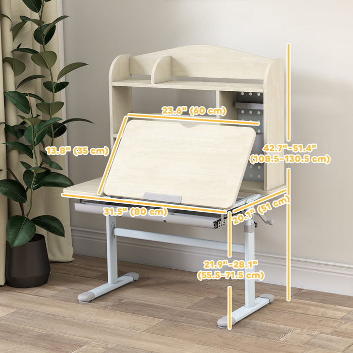 Qaba Kids Desk, Height Adjustable Children Study Desk with 0-45° Tilted Desktop, Storage, Drawer, Pegboard, Student Computer Desk Writing Table for Home School Use