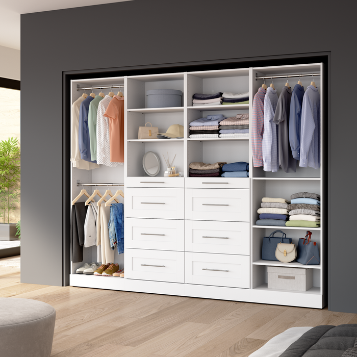 Bestar Florence 100\" Modular Reach-In/Walk-In Closet System with Rods, Shelves and Drawers Shaker Style - White