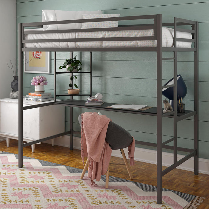Novogratz Maxwell Metal Twin Loft Bed with Desk - Grey Black