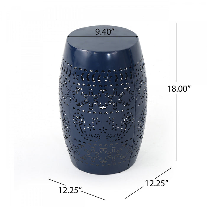 Phoenix Indoor 12\" Barrel Shape Iron Side Table With Lace-cut Design, Navy Blue