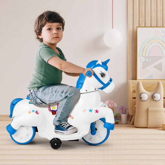 Costway 12v Kids Ride On Unicorn Toy With Training Wheels Music One-button Start Horse Toy Blue