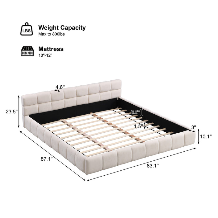 Eleanor Elegant Chenille Upholstered Bed with Checkerboard Design,King Size,Beige King Bed