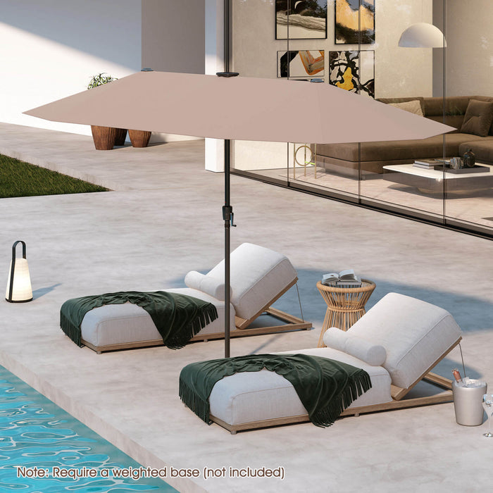 Costway 13 FT Large Patio Umbrella with LED Solar Lights Crank Handle 12 Heavy-Duty Ribs Brown