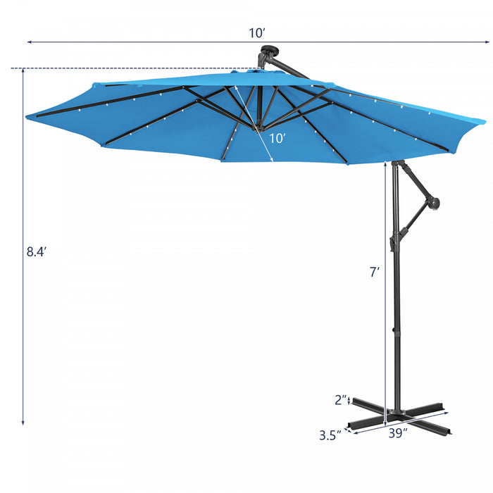 Costway 10FT Cantilever Solar Powered 32LED Lighted Patio Offset Umbrella Outdoor Blue