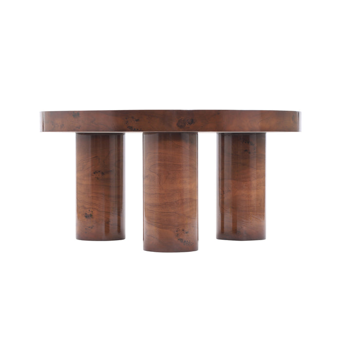 Lira 31.5 Inch Modern Round Burl Veneer Coffee Table with Three Cylindrical Legs, Brown