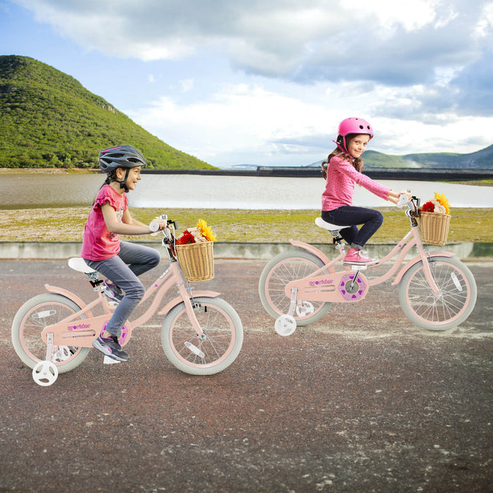 Costway 18\" Kid's Bike With Training Wheels Adjustable Handlebar Seat Handbrake Pink