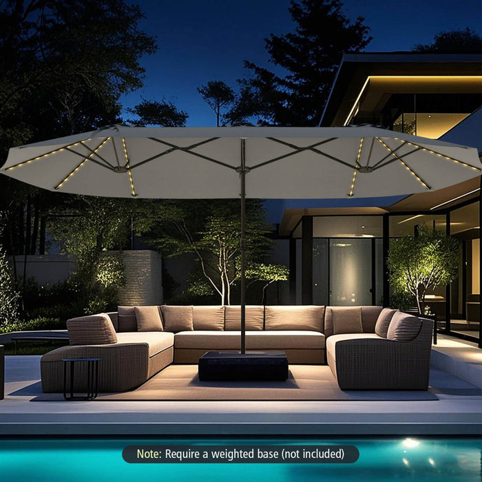 Costway 15.5 FT Extra-Large Patio Umbrella with LED Solar Lights & 12 Heavy-Duty Ribs Gray
