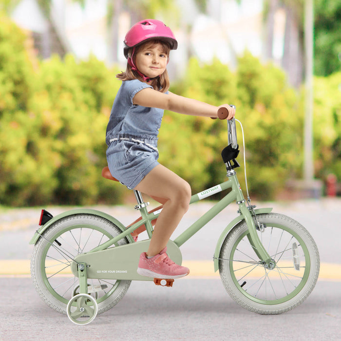 Costway 16\" Kids Bike With Adjustable Saddle Handlebar Removable Training Wheels Handbrake Green