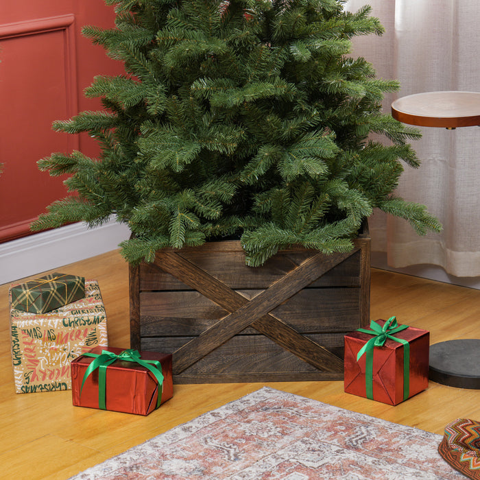 HOMCOM 24\" Wooden Christmas Tree Collar Box Dark Distressed Wood Finish