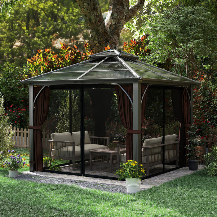 Outsunny 10' x 10' Hardtop Polycarbonate Gazebo with Netting and Curtains