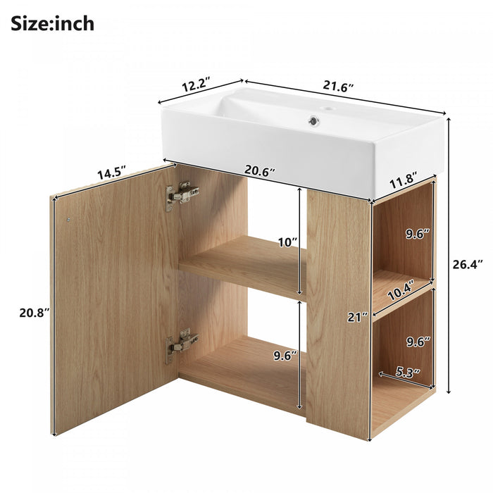 Camille Floating Bathroom Vanity with Ceramic Sink and Right Side Storage, Natural
