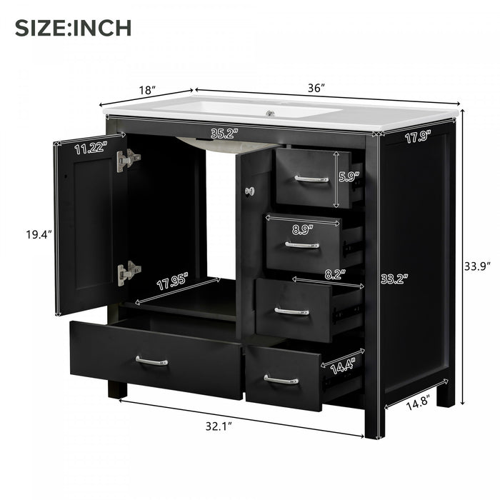 Derek 36 Inch Modern Bathroom Vanity with Ceramic Sink & Multi Storage, Black