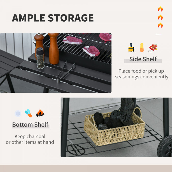 Outsunny 30\" Portable Barrel Charcoal BBQ Grill, Steel Outdoor Barbecue Smoker with 370 Square Inches Cooking Space, Storage Shelf, Wheels for Garden Camping Picnic, Black