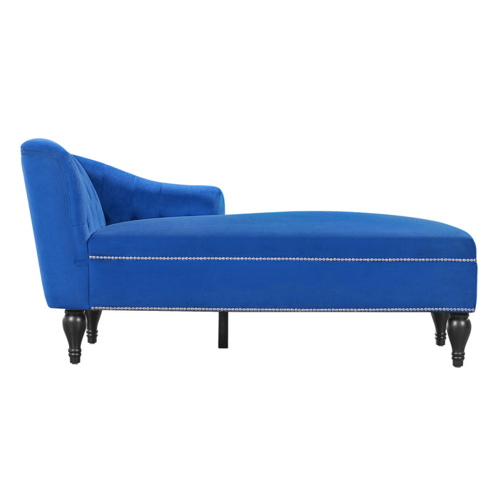 Serena Velvet Chaise Lounge with Button Tufting and Nailhead Trim, Blue