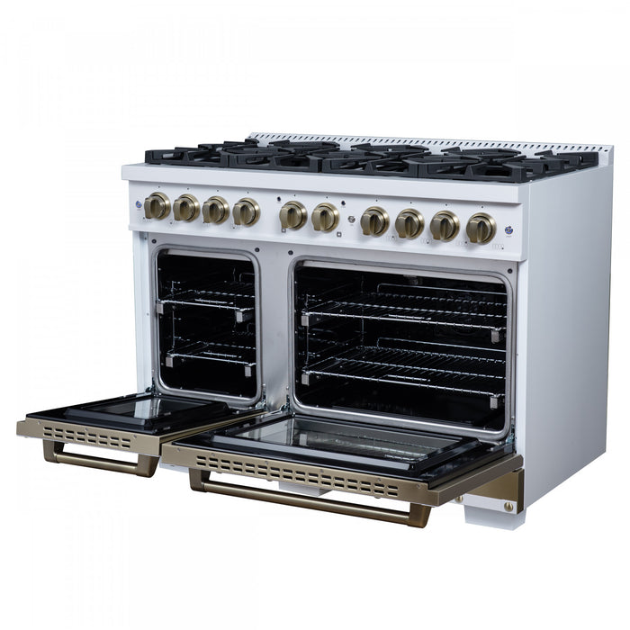 Forno Ambassador 48\" Gas Range in White, 8 Sealed Burners, 6.7 Cu.Ft. Ovens - FFSGS6299-48CPWHT