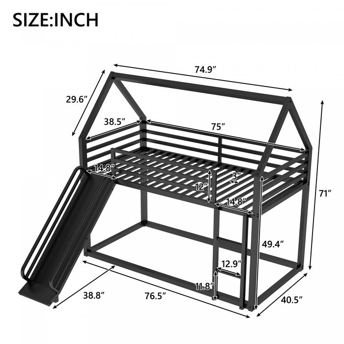 Liam House Metal Bunk Bed with Ladder and Slide, Twin Over Twin Size, Black