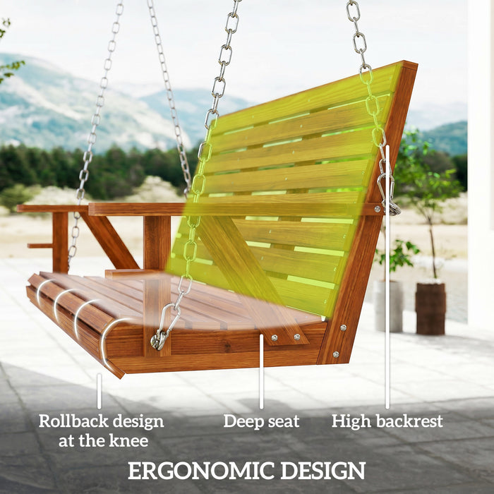 Outsunny 5 FT Wooden Porch Swing 3-Seater with Cupholders, Carbonized