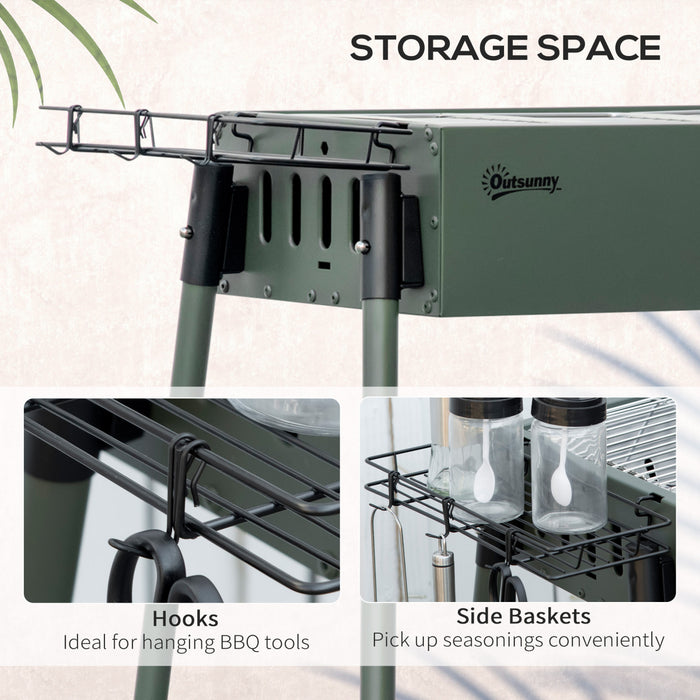 Outsunny Portable Outdoor Charcoal BBQ Grill with Side Seasoning Baskets, Hooks, and Barbecue Nets for Outdoor, Garden, Cooking, Picnic, Camping, Dark Green