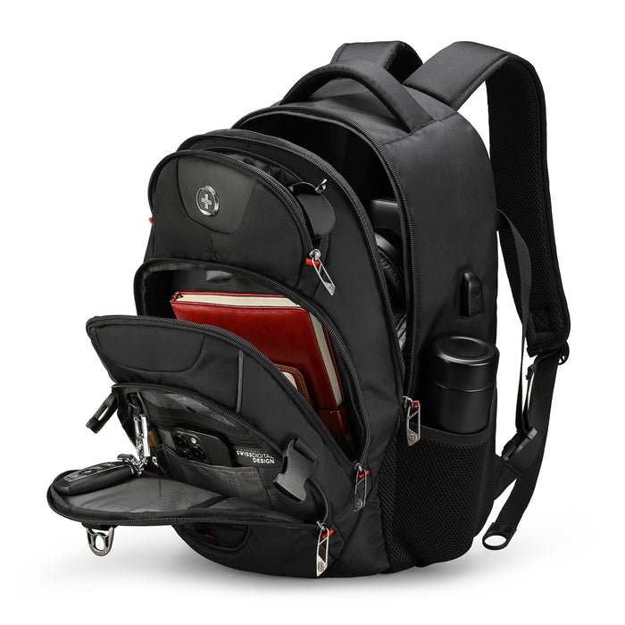 Swissdigital Vector School Backpack – 17\" Laptop Bag, USB Charging, SDD Finder, RFID Protection, Reflective Trim, Add-A-Bag System