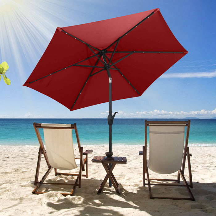 Costway 7.5 ft Solar Powered Patio Umbrella with LED Lights Push Button Tilt Crank Handle Red