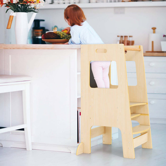 Costway Toddler Kitchen Step Stool With Activity Chalkboard Adjustable Height & Safety Rail Beige