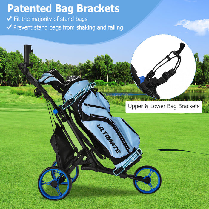 Goplus Folding 3 Wheels Golf Push Cart W/bag Scoreboard Adjustable Handle Blue