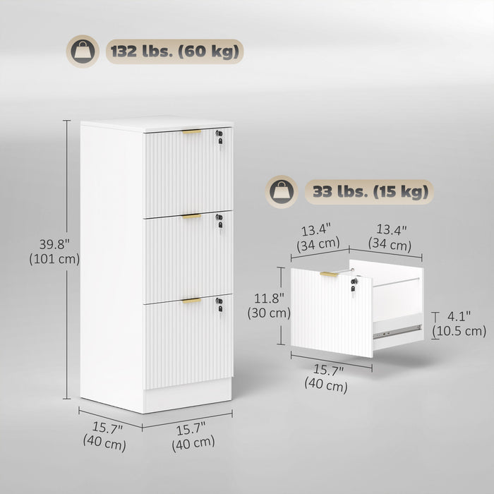 HOMCOM 3 Drawer File Cabinet Fluted Vertical Filing Cabinet with Lock White