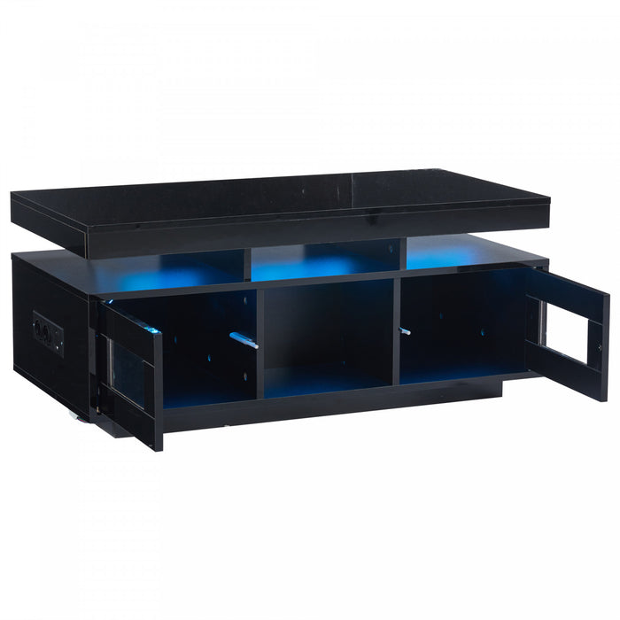Lumina 39.3 Inch High-Gloss Coffee Table with LED Lights, USB Port and Transparent Doors, Black