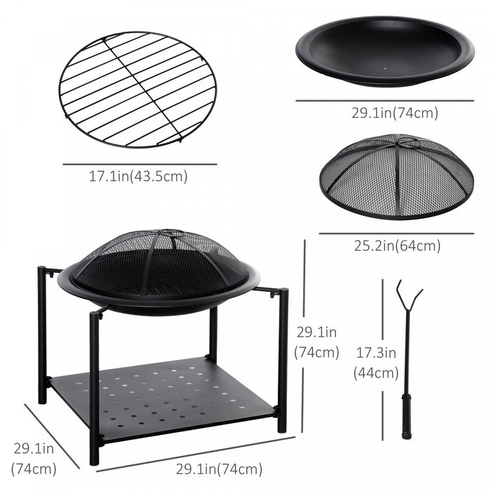 Outsunny 74cm Outdoor Fire Pit With Screen Cover And Storage Shelf, Wood Burning Fire Bowl With Poker For Patio, Backyard, Black