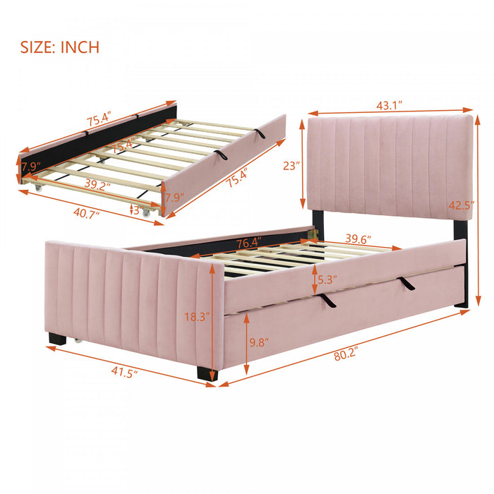 Ethan Space-Saving Velvet Upholstered Platform Bed with Trundle,Twin Size,Pink Twin Bed