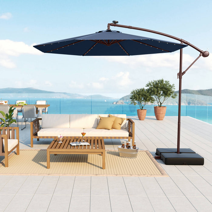 Costway Patio 10FT Hanging Offset Umbrella 32 LED Lights Sand Bag Outdoor Cross Base