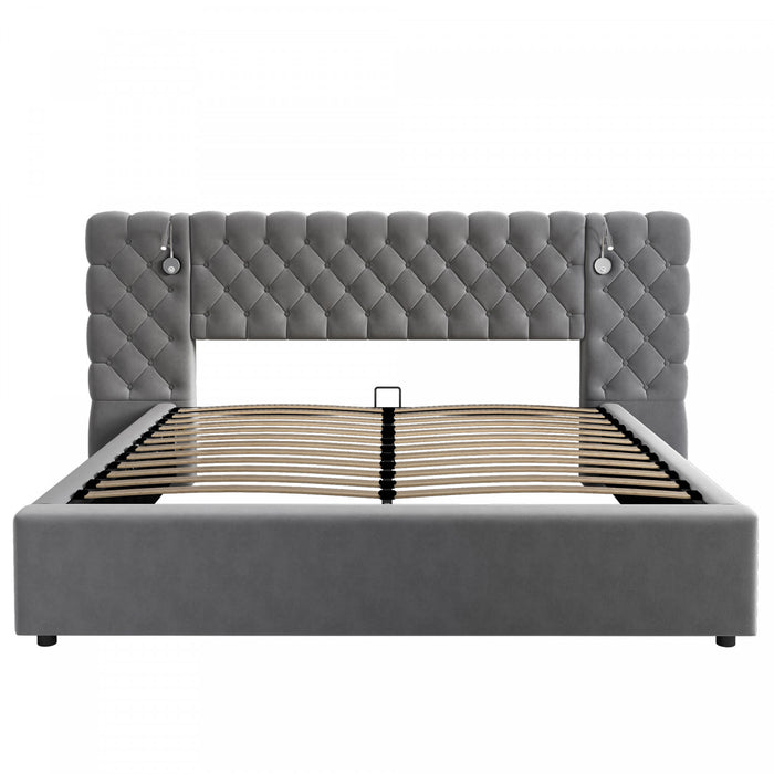 Malcolm Luxury Plush Velvet Upholstered Bed with Diamond Tufted Headboard and Reading Lights,King Size,Grey King Bed