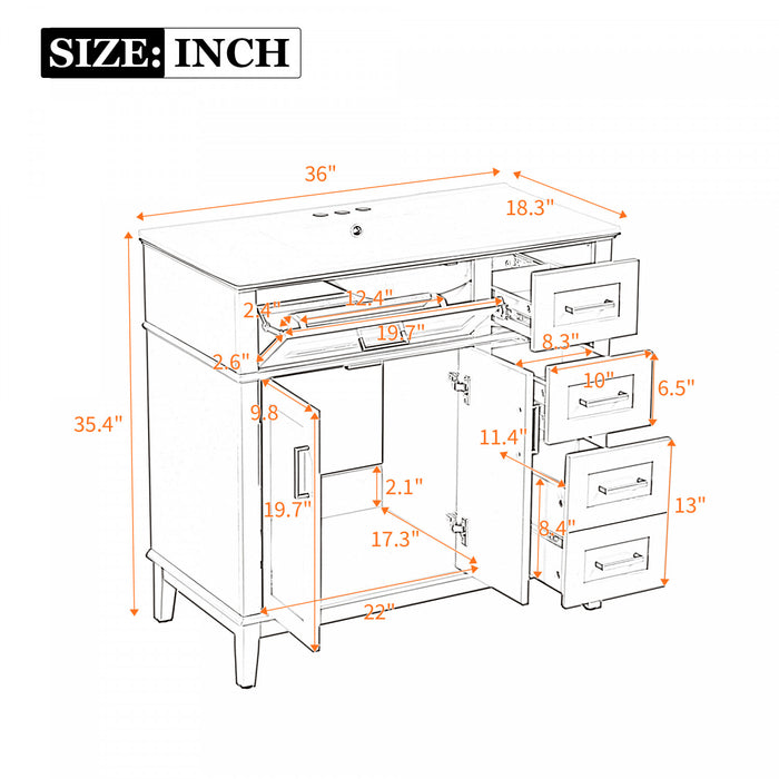 Clara 36 Inch Modern Bathroom Vanity with Ceramic Sink and Multi-Drawer Storage, Light Green
