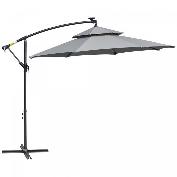 Outsunny 10ft Solar Powered Patio Umbrella With Crank And Base, Light Grey