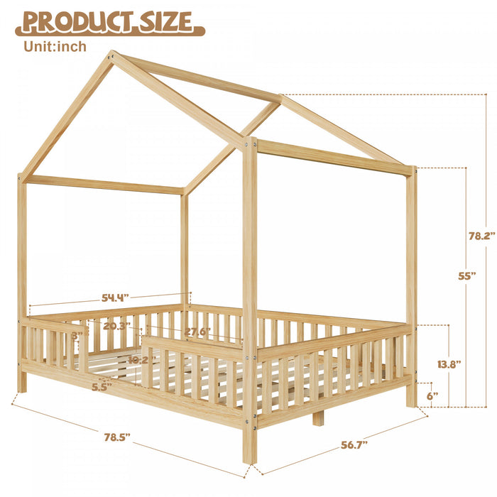 Paul Montessori Floor Bed with Canopy and High Railings,Full Size, Natural Full Bed