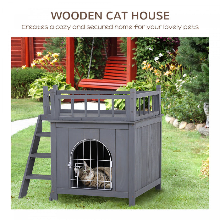 Pawhut 2-story Pet House For Cats Miniature Sized Dogs, Wooden Kitten Shelter With Enclosure, Balcony, Lockable Gate, Stairs, Grey