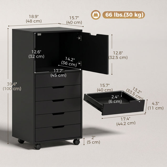 HOMCOM 5 Drawer Vertical File Cabinet with Lockable Wheels, Black