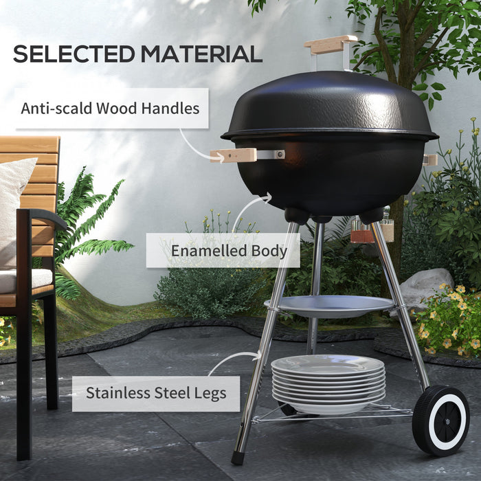 Outsunny Portable Charcoal BBQ Grill, Steel Barbecue Grill with Lid and Air Vents, Outdoor Camp Picnic Cooker with Wheels and Storage Shelf, Black