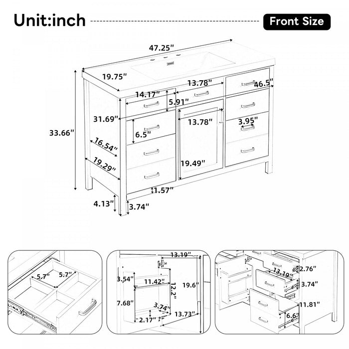 Resina 48 Inch Single Sink Bathroom Vanity with Resin Sink and 6 Drawers, White