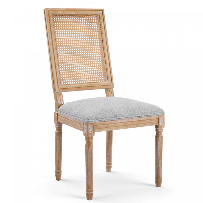 Oliver Solid Wood Rubberwood Dining Chair Set of 2 with Upholstered Seat Cane Backrest and Fluted Legs,Grey