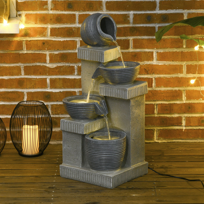 Outsunny Outdoor Jar And Bowls Fountain W/ Led Lights, Resin Water Fountain