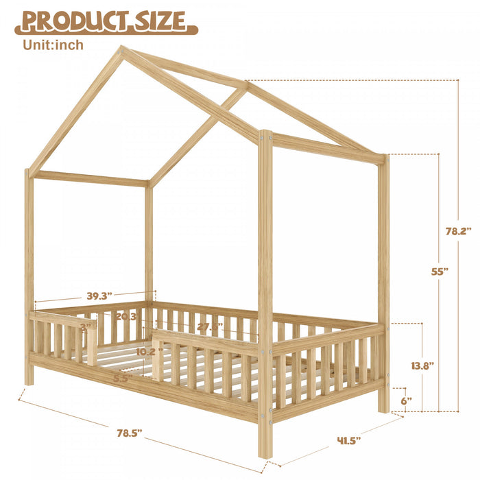 Paul Montessori Floor Bed with Canopy and High Railings,Twin Size，Natural Twin Bed