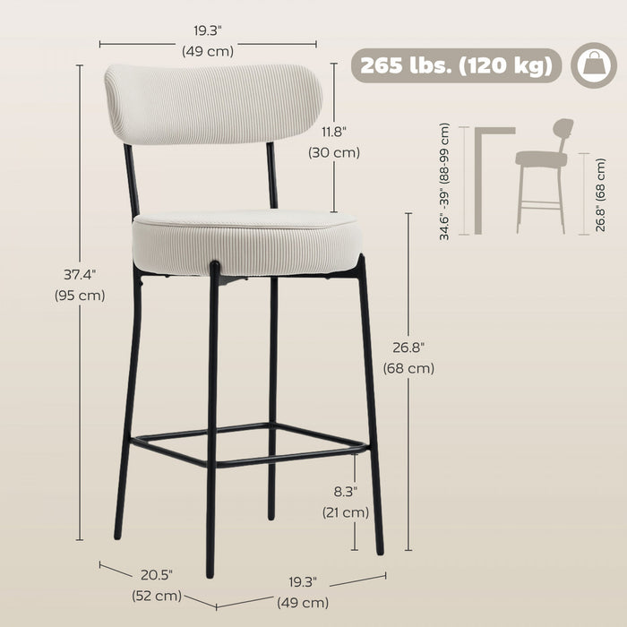 HOMCOM Modern Bar Stools Set of 2 27\" Counter Height Barstools, Cream White
