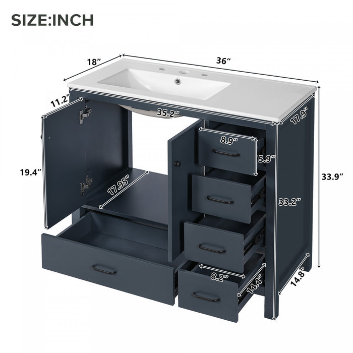 Derek 36 Inch Modern Bathroom Vanity with Ceramic Sink & Multi Storage, Blue