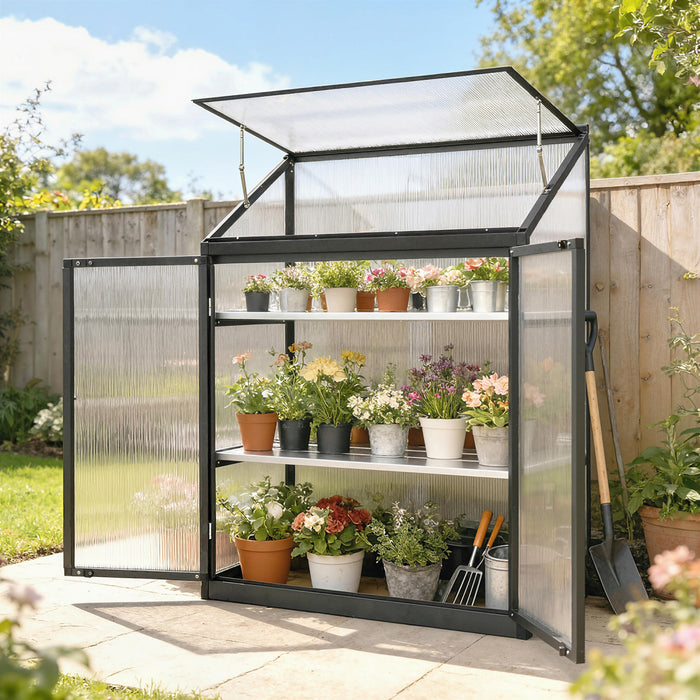 Outsunny Polycarbonate Greenhouse with Roof Vent and Doors, Black