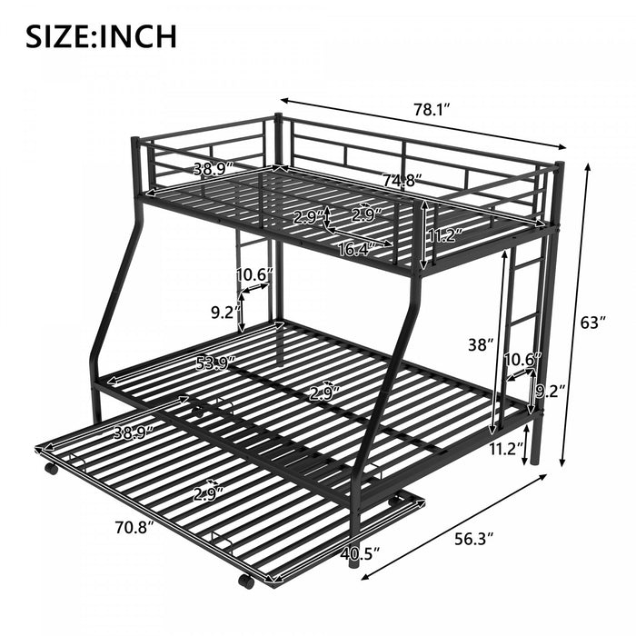 Jeremy Twin Over Full Space-saving Metal Bunk Bed With Trundle, Dual Ladders, Black